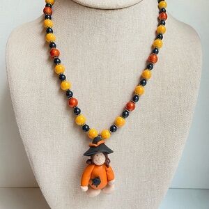 Halloween ceramic beaded necklace with cute acrylic polymer clay witch pendant